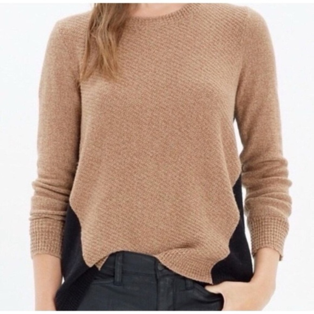 Madewell Tan and Black Crew Neck Back Zip Sweater
